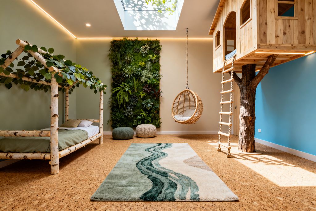 A children’s room features an indoor treehouse made of natural wood on the right, reached by a rope ladder with a rattan hanging chair nearby. On the left, a birch-log bed with a leafy canopy faces a vertical living plant wall; the cork floor holds a river-pattern area rug and knitted poufs, while soft sage and blue walls, a ceiling skylight, and warm perimeter LED lighting fill the space with daylight and gentle, nature-inspired color.