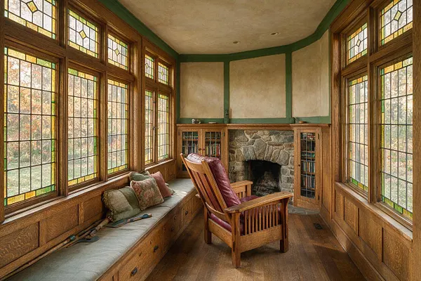A narrow Craftsman-style sunroom with tall leaded-glass windows on both sides, wood paneling, and a built-in window seat with cushions and pillows. At the far end, a stone fireplace is flanked by glass-front bookcases, and a wooden armchair sits in the center on a warm wood floor.