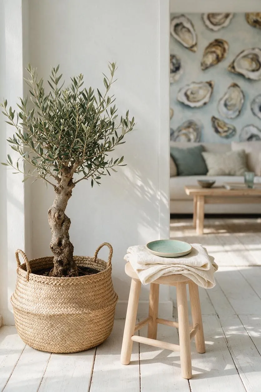 A bright coastal interior vignette with a potted olive tree in a woven basket planter beside a light wood stool holding folded white linen and a pale green plate. In the background, a sofa, low wood coffee table, and oversized oyster shell artwork add soft seaside tones.