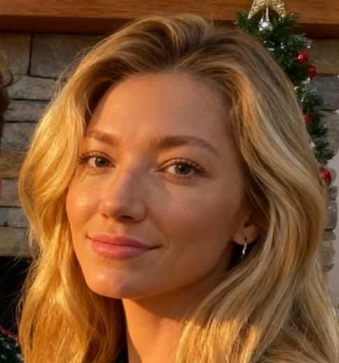 A woman with long, wavy blonde hair is smiling softly at the camera.