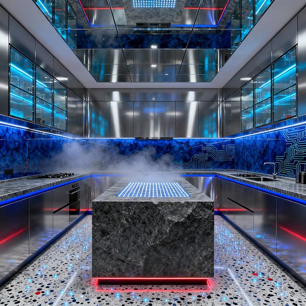 A futuristic kitchen with stainless steel cabinets and glass-front uppers illuminated by blue LEDs. A monolithic charcoal stone island with a glowing grid surface and red underlighting anchors a U-shaped layout. Deep blue backsplashes printed with circuit patterns run beneath continuous blue light strips. Terrazzo flooring flecked with black and blue reflects the neon, while mirrored ceiling panels amplify the light alongside a built-in cooktop, oven, and sink.