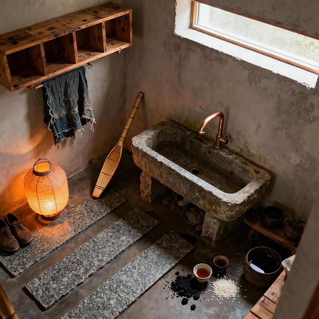 A compact mudroom with rough plaster walls and a high rectangular window features a hand-carved stone trough sink with a curved copper faucet. The troweled concrete floor has three granite strips; a glowing washi paper lantern, leather shoes, a bamboo paddle, a low wood stool with a small plant, and ceramic bowls with tea, rice, and charcoal sit nearby, while open wood cubbies with a frayed indigo cloth hang above, creating a weathered, minimalist atmosphere.