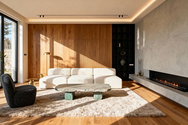 A bright contemporary living room with floor-to-ceiling black-framed windows shows a low cream modular sofa on a plush beige rug, a charcoal bouclé lounge chair, and a sculptural green stone coffee table. A wall of vertical oak paneling meets a matte-black cubby bookcase, while a long linear fireplace is set into a smooth light-gray plaster surround; wide-plank oak floors, brushed-brass accents, and discreet cove lighting complete the space.