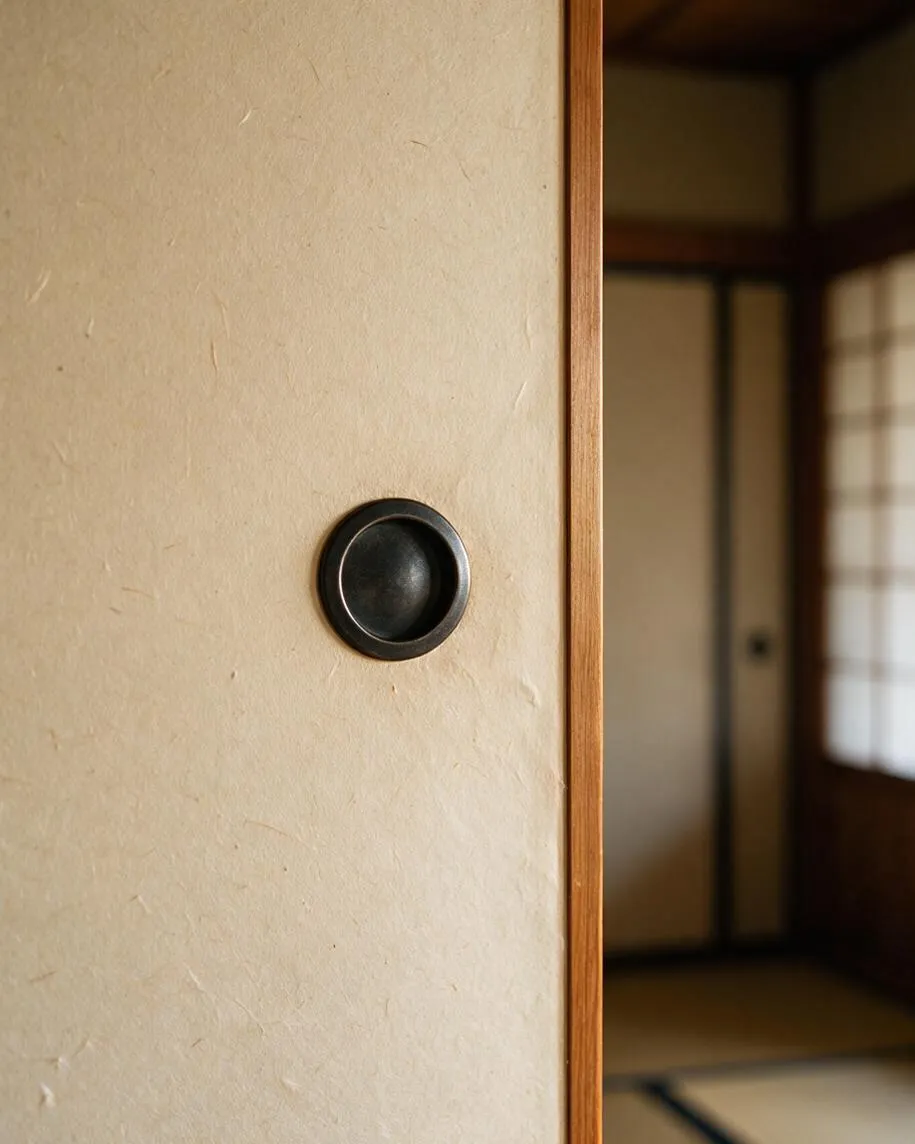 Close-up of a Japanese-style interior wall with a textured beige plaster surface, a small round black recessed pull, and a slim vertical wooden frame at the edge. In the background, a softly blurred shoji-style room with warm wood tones and pale paper panels creates a calm Zen atmosphere.