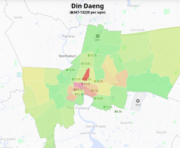 A detailed map of the Din Daeng district displaying rental prices per square meter.