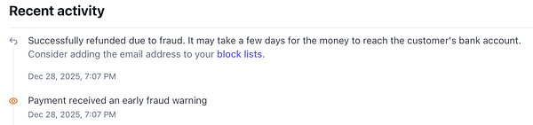The image displays a recent activity log related to a payment refund due to fraud.