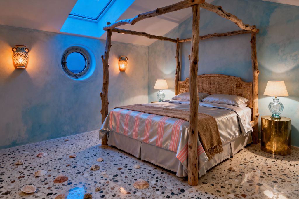 A coastal bedroom with a rustic driftwood four-poster bed and woven rattan headboard, dressed in silvery satin bedding and a tan jute throw. The terrazzo floor is scattered with seashells. Soft blue, plaster-washed walls feature two amphora-style sconces and a round porthole window. A ceiling skylight casts cool blue light, while glass table lamps with beige shades sit beside the bed, one on a polished brass drum nightstand, creating a warm nautical atmosphere.