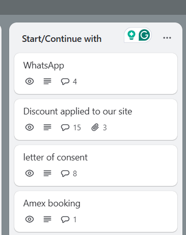 The image displays a Trello board with various task cards under the 'Start/Continue with' section.