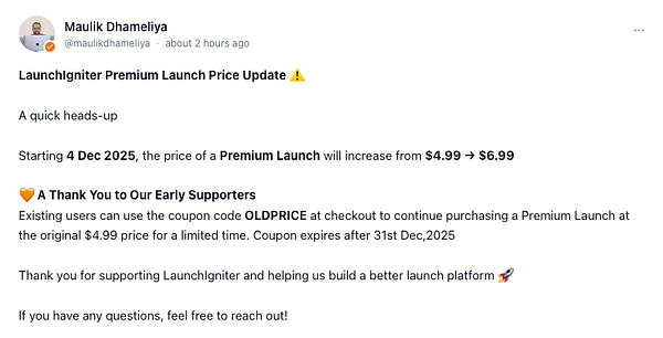 The image features a price update announcement for LaunchIgniter's Premium Launch service.