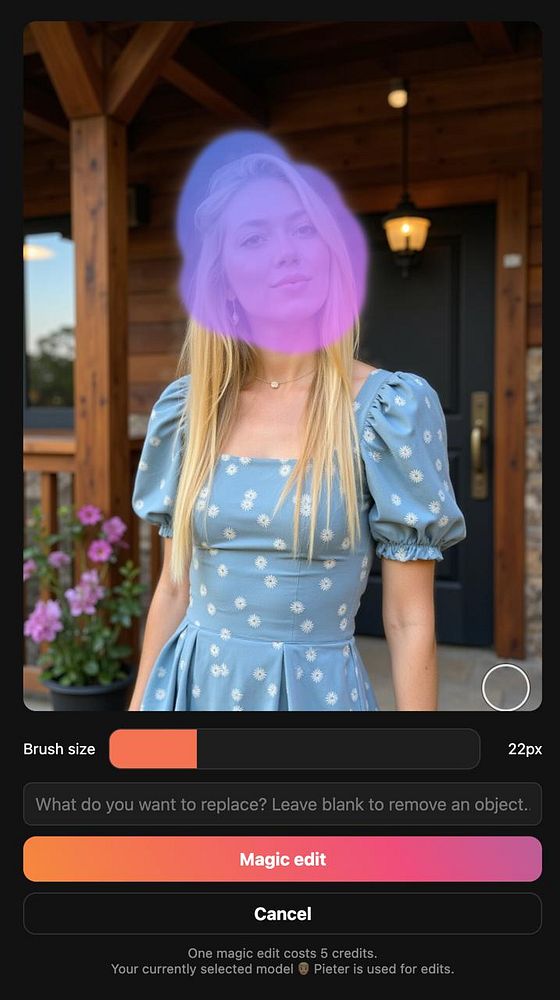 The image displays a woman in a blue dress with a user interface for an inpainting tool overlaying her face.