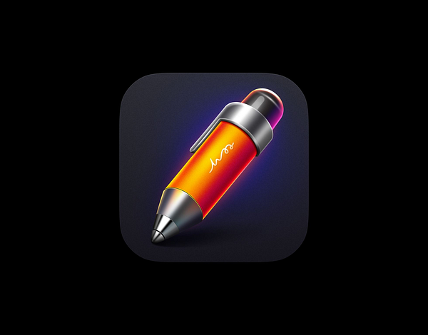 The image features a stylized app icon depicting a vibrant pen.