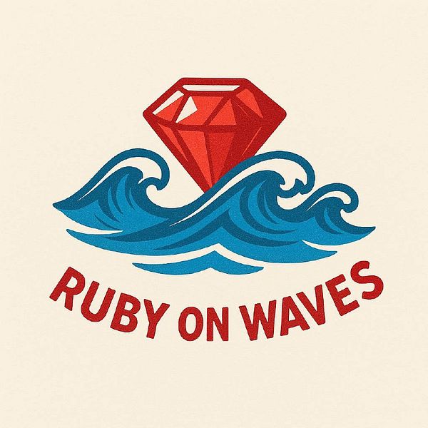 A vibrant logo featuring a red diamond above stylized blue waves with the text 'RUBY ON WAVES' below.