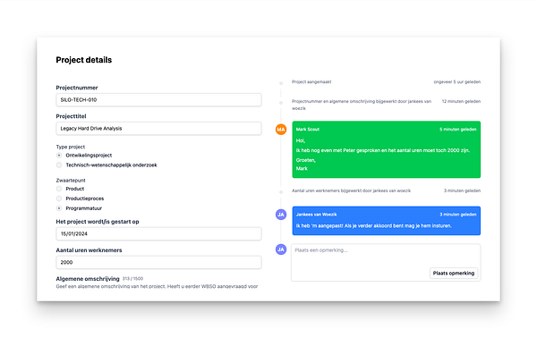 The image displays a project management interface detailing a project titled 'Legacy Hard Drive Analysis' with chat messages related to the project.