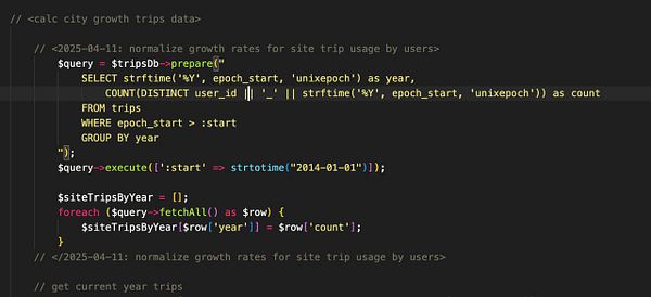 The image displays a code snippet for normalizing growth rates of cities based on site trip usage data.