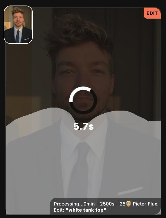 The image displays a processing interface for a photo editing application featuring a user in a suit.