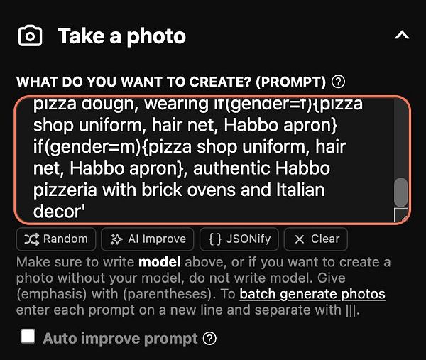 Screenshot of a webpage showing an Out of Credits alert after trying to take a photo, with a text input area containing a prompt and various UI elements for generating images.