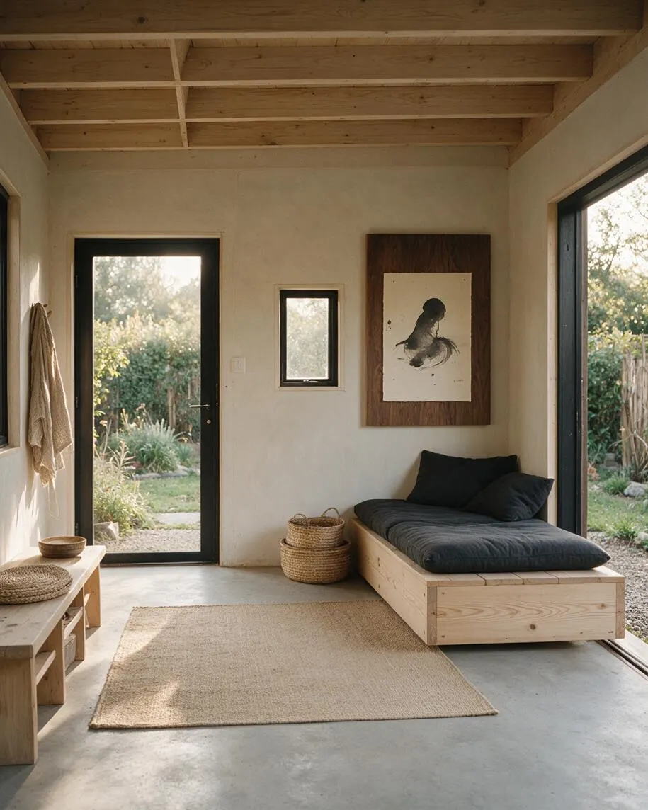 A calm backyard room in Japandi style with a pale wood ceiling, smooth white walls, and black-framed doors and windows opening to a leafy garden. Inside are a low pine daybed with dark cushions, a woven jute rug, a rustic wooden bench, and basket storage for a warm minimalist look.