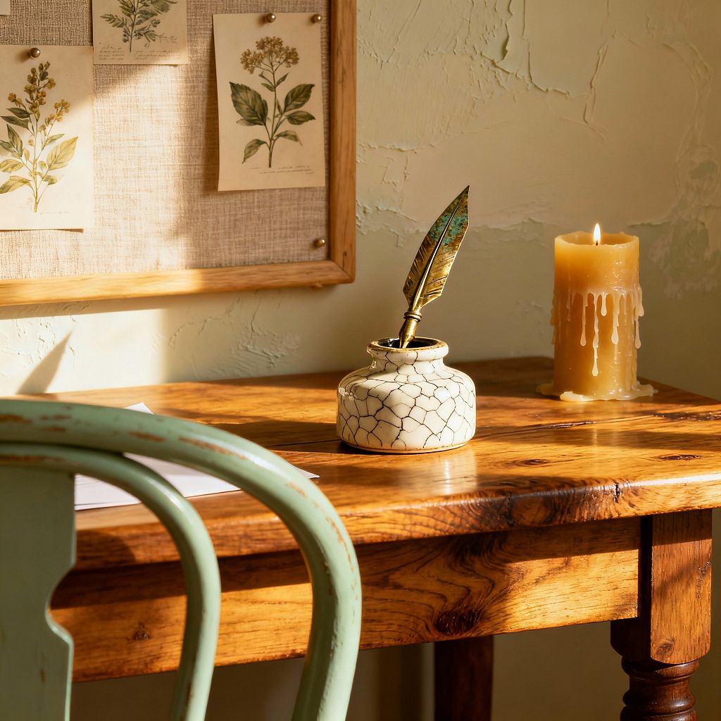 A sunlit French Country home office vignette shows a honey-toned, knotty wood desk with a pale sage green, distressed wood chair. On the desk sit a crackle-glazed ceramic inkwell holding a brass feather pen and a dripping amber beeswax pillar candle. Above, a light wood–framed linen pinboard displays pinned botanical prints. The wall is warm cream with textured plaster, and late-afternoon light casts soft shadows across the surface.