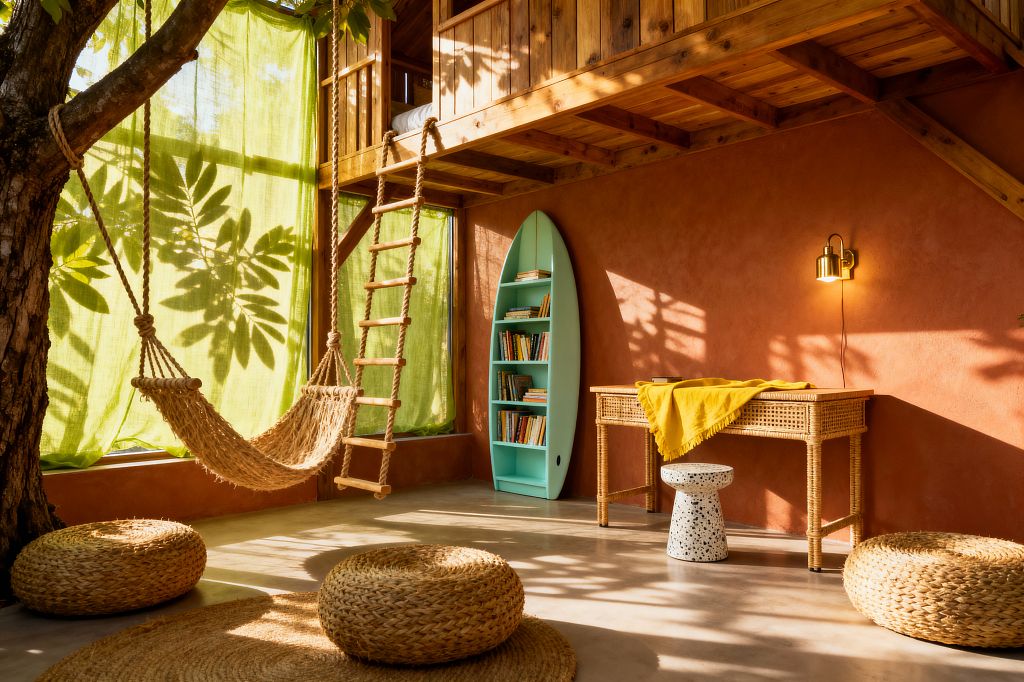 Sunlit children’s room with a wooden loft bed reached by a rope ladder, a chunky rope hammock beside an indoor tree, and round jute poufs on a concrete floor. Terracotta plaster walls and lime-green sheer curtains cast leafy shadows over a turquoise surfboard-shaped bookshelf, a woven rattan desk with a yellow throw, a white speckled terrazzo stool, and a small brass wall sconce.