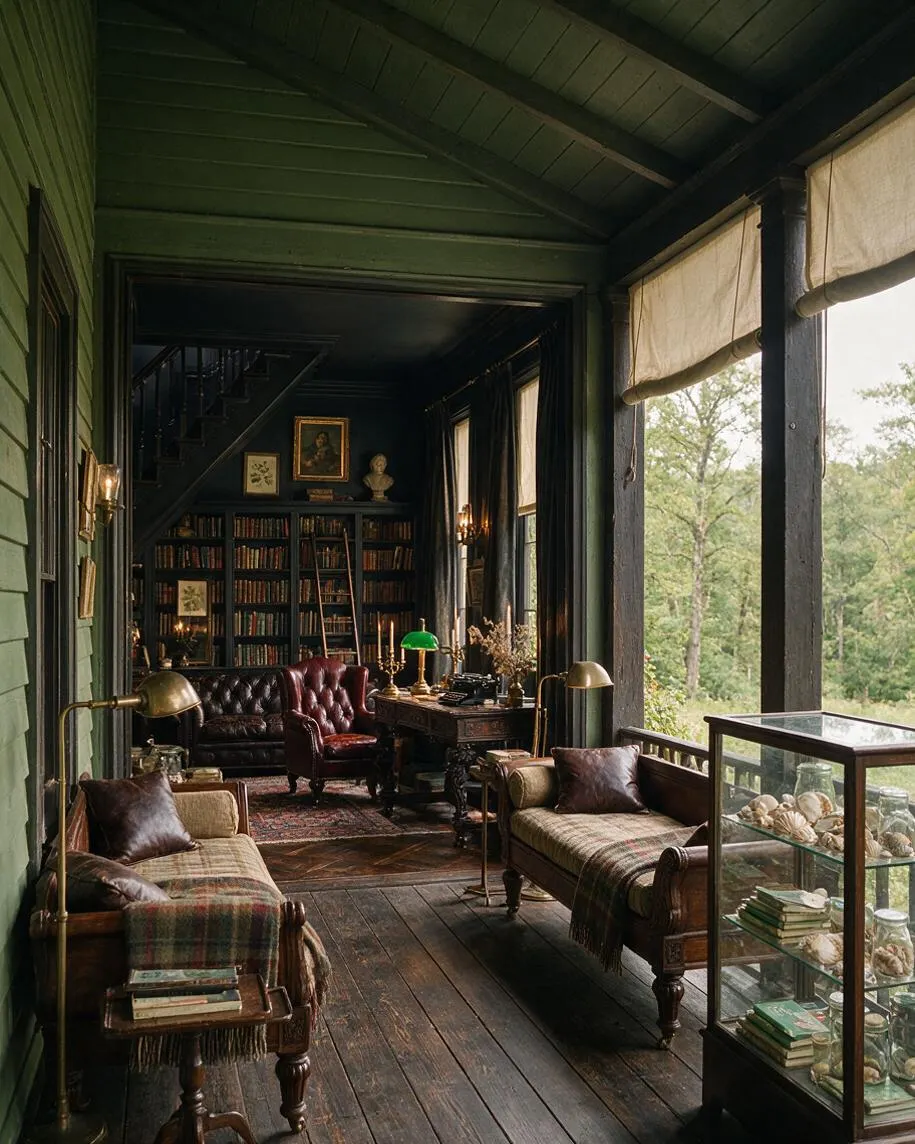 A covered front porch styled like a dark academia sitting room, with deep green wood-paneled walls and ceiling, dark stained plank flooring, and a burgundy tufted leather sofa at the far end. Plaid upholstered settees, brass lamps, a writing desk, bookshelves, framed art, and a glass display cabinet create a scholarly, vintage atmosphere overlooking the trees outside.