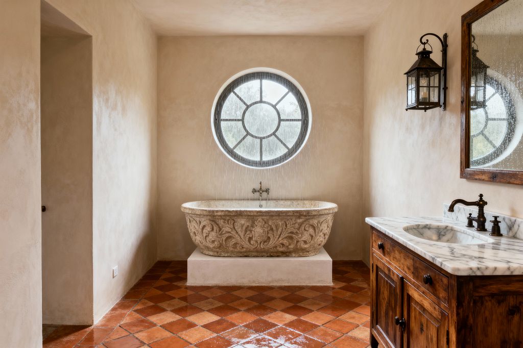 A French Country bathroom features a carved limestone soaking tub on a plaster plinth centered under a round, blackened-steel oculus window. The room has diamond-laid terracotta floor tiles, warm limewashed plaster walls, and a rustic wood vanity with a white marble top and bronze taps; a wrought-iron lantern sconce and traditional wall-mount tub filler complete the space, which is softly lit with natural daylight.