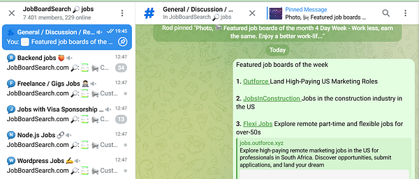 A screenshot of a Telegram group chat focused on job boards and job opportunities.