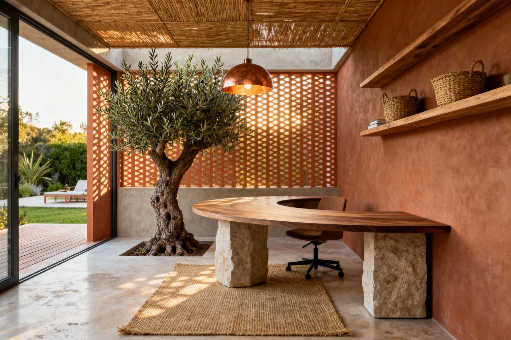 A biophilic home office features an indoor olive tree planted in a recessed floor bed beside a curved solid-wood desk supported by chunky stone blocks. The space has terracotta plaster walls, a perforated terracotta screen filtering sunlight, and a woven reed ceiling with a copper dome pendant. Polished concrete flooring, a jute rug, floating wooden shelves with baskets, and large sliding glass doors opening to a garden complete the setting.