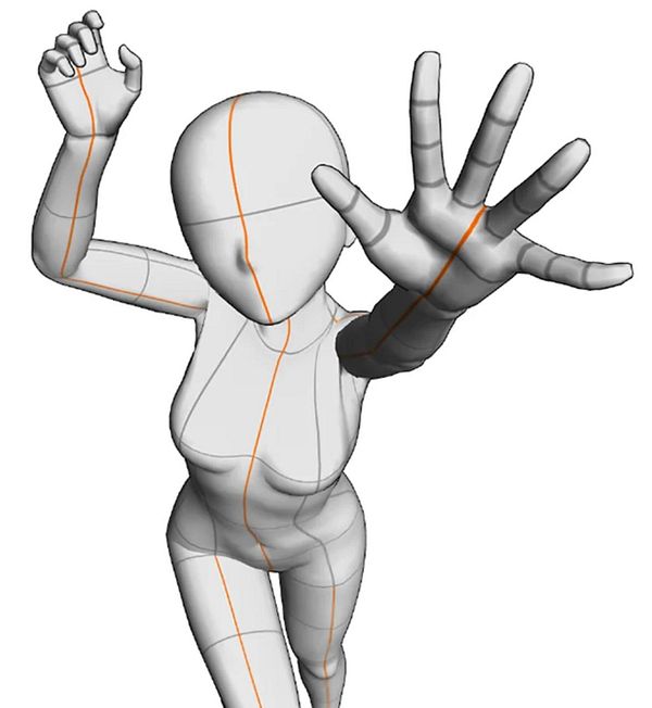 A 3D model of a humanoid figure is depicted in a dynamic pose with visible construction lines.