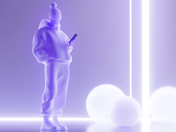 A stylized figure stands in a futuristic setting, holding a phone amidst glowing orbs and light beams.