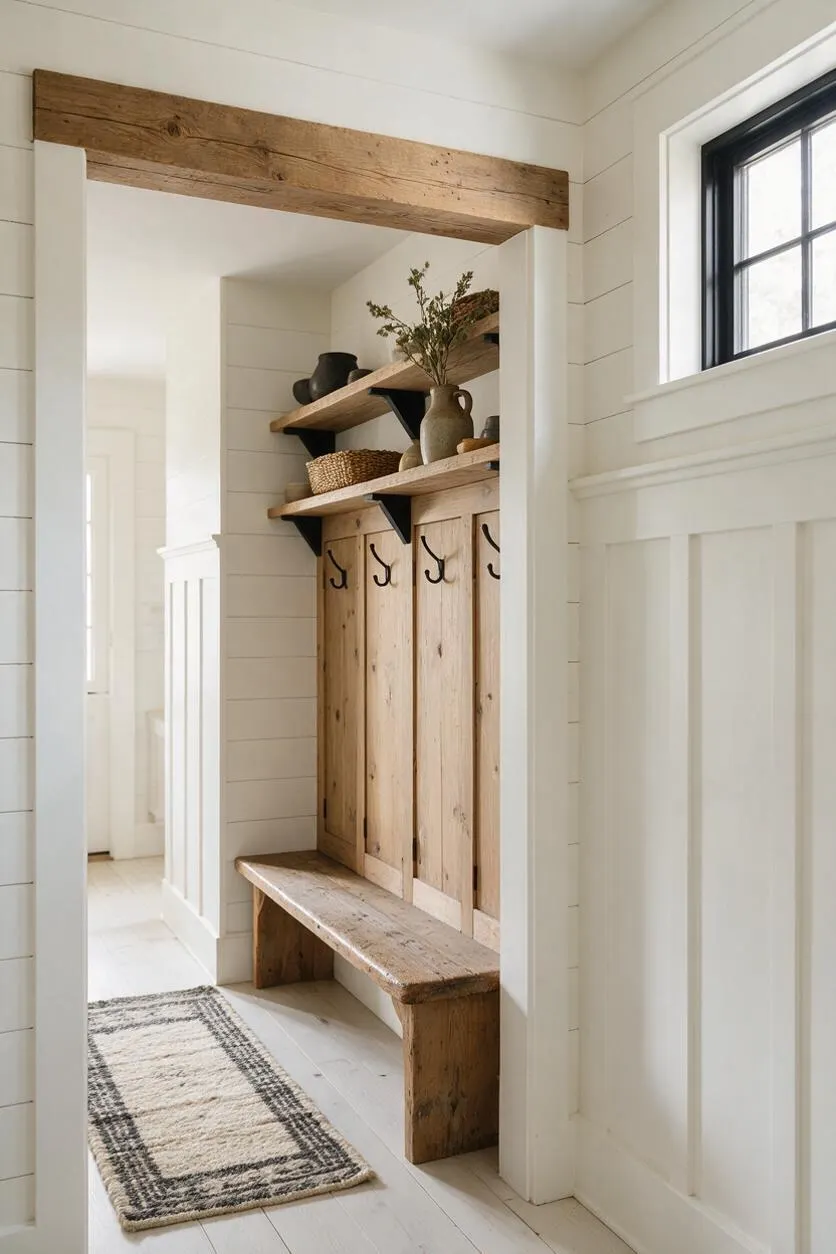 A narrow farmhouse entryway with white shiplap-style walls, a rustic wooden built-in bench, vertical wood coat panels with black hooks, and two open shelves holding simple decor. A natural wood beam frames the opening, and a small black-framed window brings in light from the right.