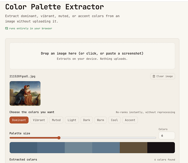 Screenshot of a Color Palette Extractor tool interface showing 25 colors extracted from an image with detailed labels and controls.