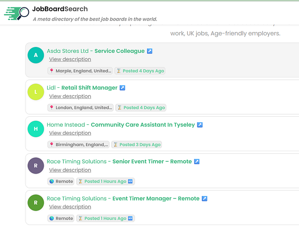 The image displays a job listing interface from JobBoardSearch featuring various job postings.