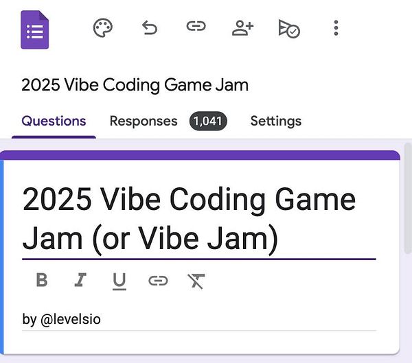 The image displays a Google Forms interface for the 2025 Vibe Coding Game Jam.