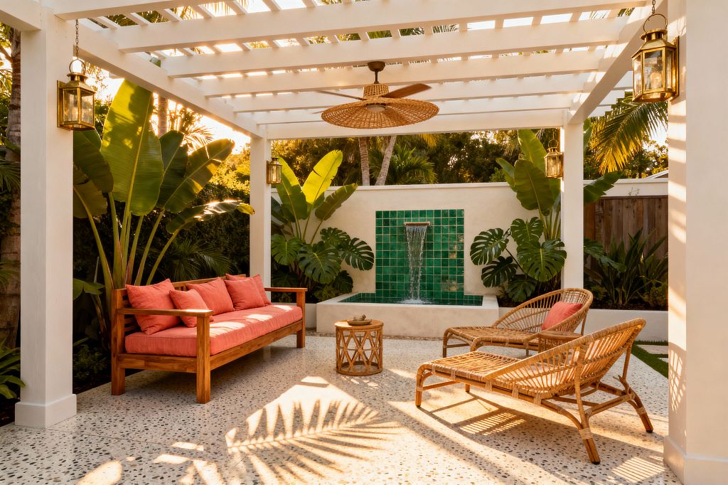 Open-air tropical patio beneath a white pergola with a woven ceiling fan and brass lanterns. A long wood bench with coral cushions faces two rattan loungers and a round wicker side table on speckled terrazzo. At the back, a stucco wall features a waterfall over emerald square tiles into a small basin, surrounded by large banana leaves and monstera, all lit by warm late-afternoon sun.