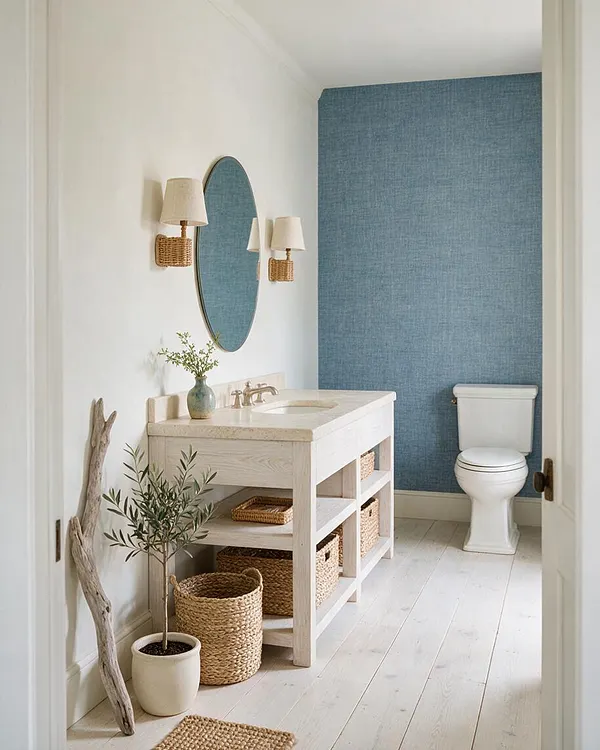 A bright coastal powder room with white painted floors, an off-white vanity, and a textured blue accent wall behind the toilet. The space includes an oval mirror, woven wall sconces, wicker baskets, and a small potted plant, creating a calm, natural look.