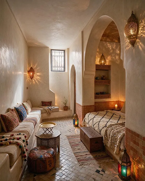 A narrow Moroccan-style guest bedroom with white plaster walls, arched openings, and warm amber lantern light casting patterned shadows. The room includes low daybeds with embroidered cushions, mosaic tile flooring, carved wood tables, a leather pouf, and shelves with pottery, creating a cozy and intimate atmosphere.