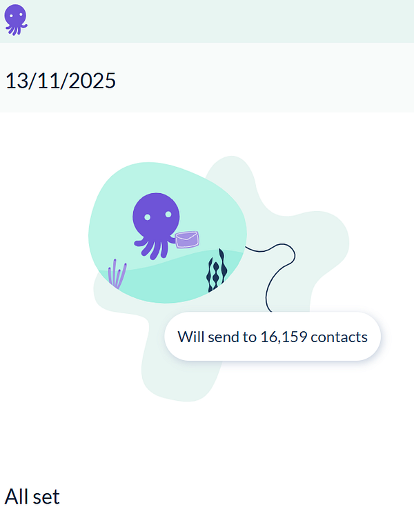 A colorful illustration featuring an octopus preparing to send a newsletter to a large number of contacts.