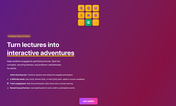 The image features a promotional landing page for a multiplayer bingo card game designed to enhance student engagement during lectures.