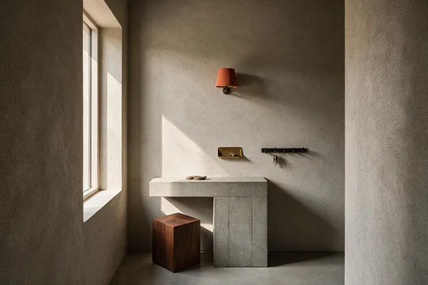 A sparse Brutalist entryway with textured concrete walls, a chunky concrete console table, and a walnut cube stool. A tall window on the left brings in natural light, while a small orange wall sconce adds warmth above simple wall-mounted storage.