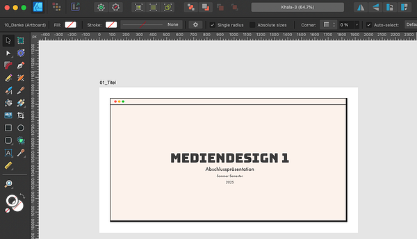 The image displays a digital design of a presentation slide titled 'MEDIENDESIGN 1'.
