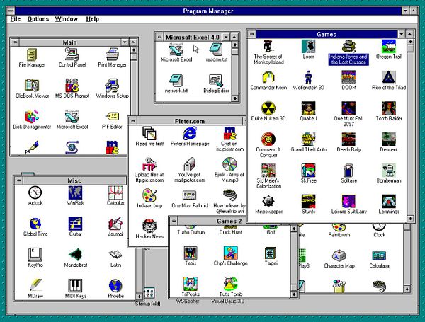The image displays a retro Windows Program Manager interface featuring various applications and games.