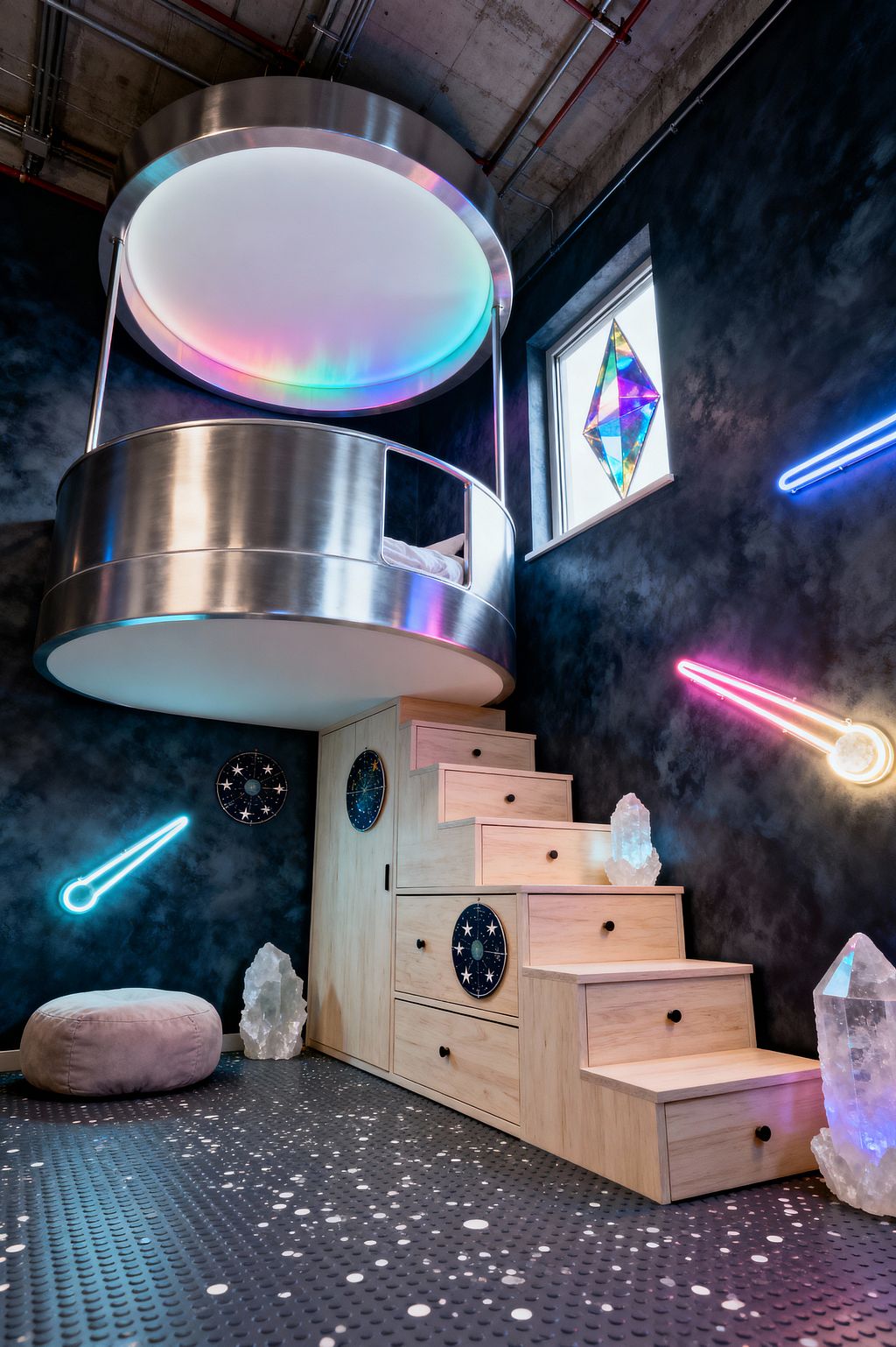 A kids’ room with a circular loft bed wrapped in brushed metal and a large diffused canopy that casts rainbow light. Pale wood stairs with storage drawers climb to the bed against charcoal, galaxy-effect walls with pink and blue neon comet lights. A dichroic prism hangs in the window, clear crystal sculptures sit on the steps and floor, a gray pouf rests nearby, and speckled black rubber coin flooring anchors the space beneath exposed ceiling pipes.