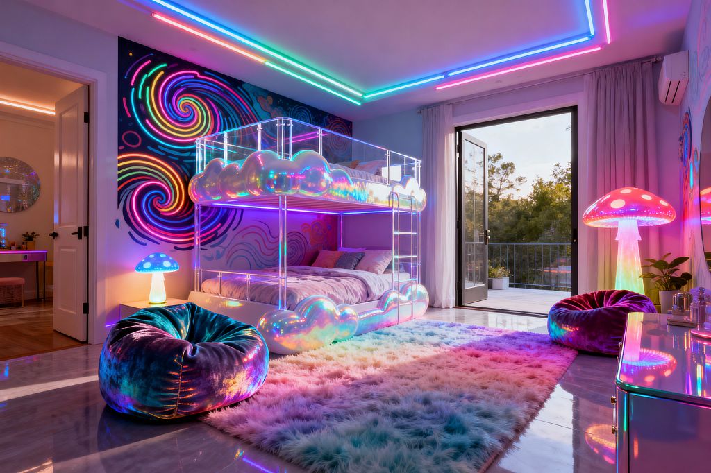 A kids' bedroom featuring a clear acrylic bunk bed edged with iridescent cloud shapes, illuminated by pink, blue, and green LED lights. A black accent wall shows swirling neon murals, a pastel rainbow shag rug sits on glossy floors, and glowing mushroom lamps accompany iridescent beanbag chairs; sliding glass doors with sheer curtains open to a balcony, while soft gray bedding and a small vanity balance the vivid, immersive look.