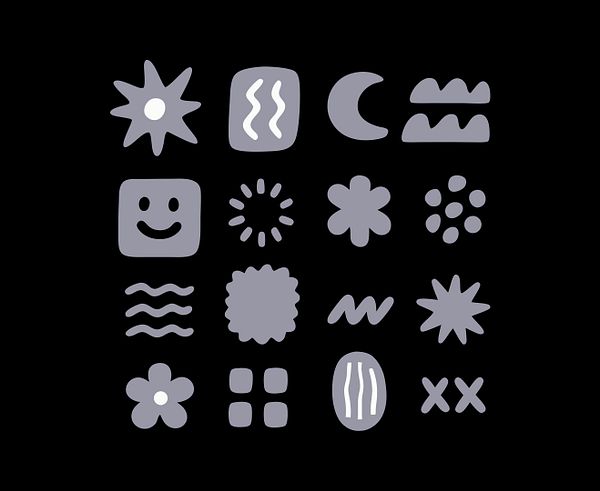 A grid of various abstract shapes displayed on a black background.
