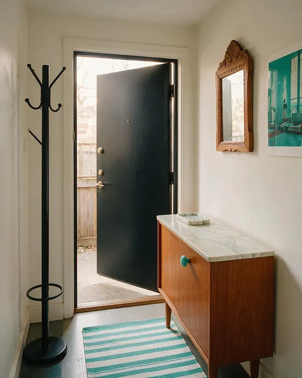 A small eclectic entryway with an open black front door, a black coat rack on the left, and a mid-century style wooden cabinet with a marble top on the right. A carved wood mirror and a colorful framed print hang on the wall, while a teal-and-white striped rug adds brightness to the narrow space.