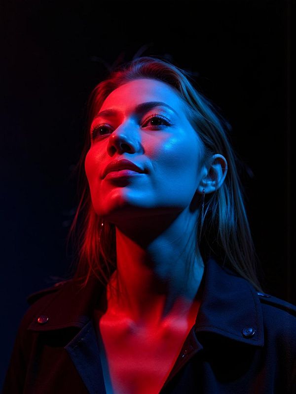 A portrait of a woman illuminated with dramatic red and blue lighting against a dark background.