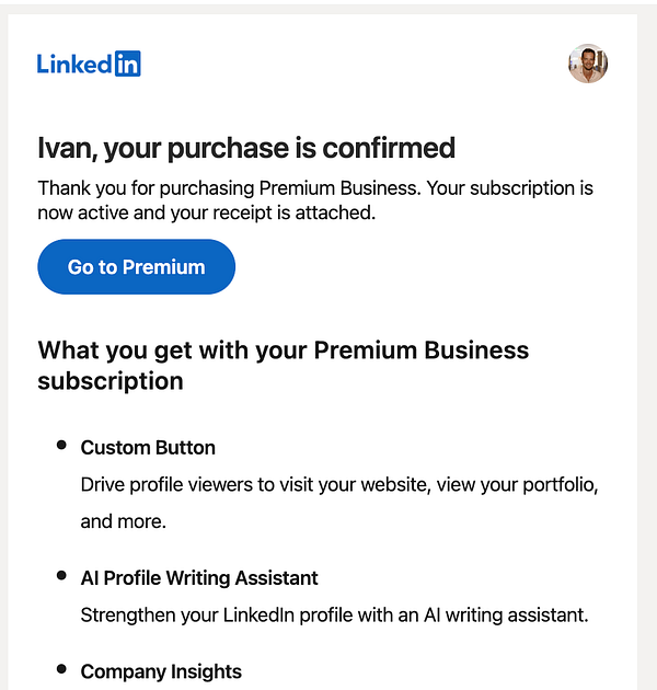 The image is a confirmation email from LinkedIn regarding a Premium Business subscription purchase.