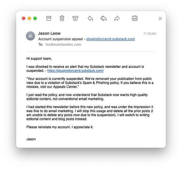 Screenshot of an email draft addressed to Substack team requesting account reinstatement to export contacts and change newsletter format.