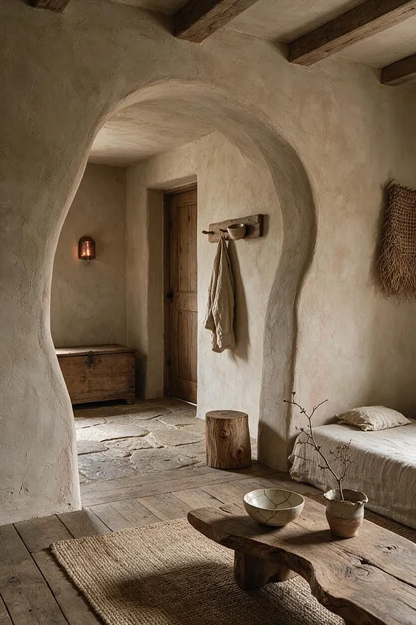 A Wabi-Sabi entryway with curved plaster walls, exposed wood beams, a rustic wooden door, and a stone floor. Natural wood furniture, a woven rug, and soft neutral textiles create a calm, earthy atmosphere.