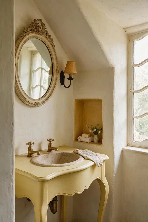 A small French Country powder room with textured cream plaster walls, an ornate oval mirror, a wall sconce with a fabric shade, and a pale yellow console sink with an integrated stone basin. A recessed niche holds folded towels and flowers beside a tall window with decorative curved muntins.